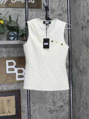 Dkny White Petite Sleeveless Mix Media Top Xg2T2112 Buttercream Off